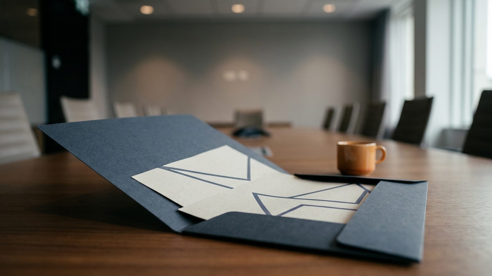 An open presentation folder with minimalist pages on a polished conference table.