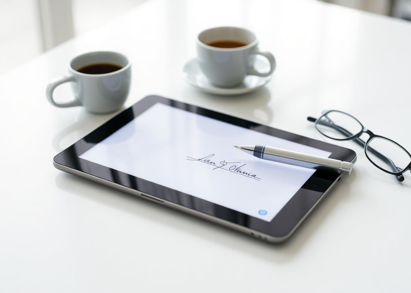 A tablet on a desk showing a signed document, with a stylus resting on it
