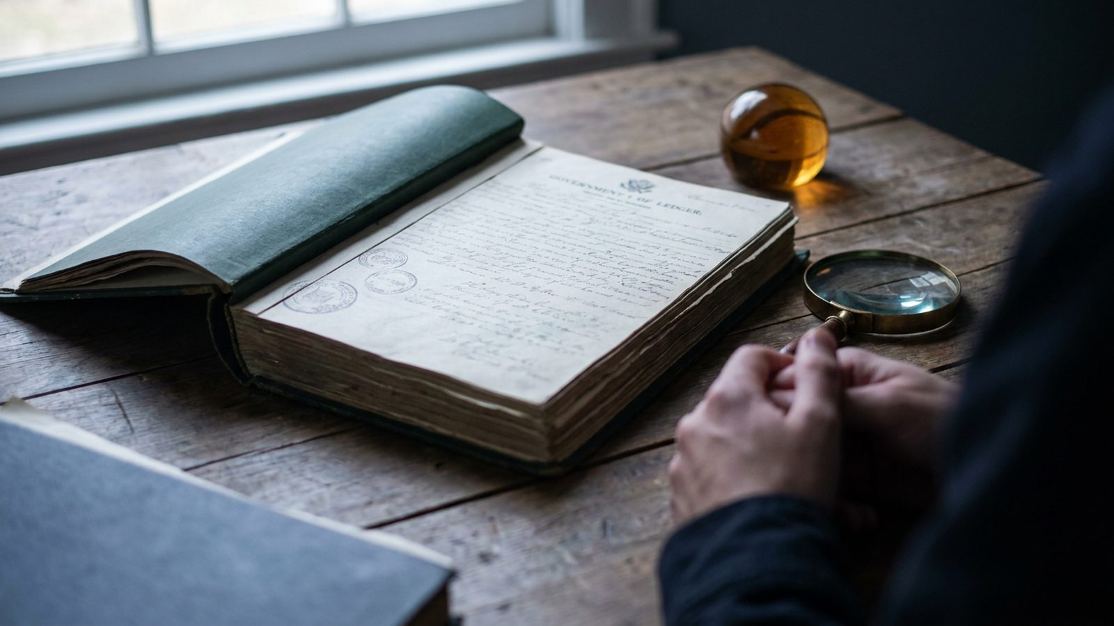 An open official document with a green cover on a wooden desk next to a magnifying glass.