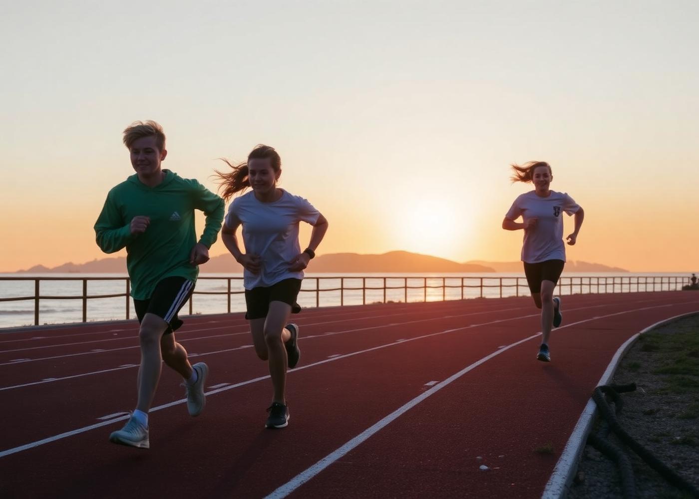 Young athletes running on a coastal track at sunrise