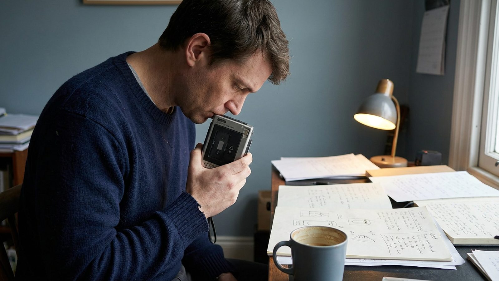 A person dictates into an old voice recorder surrounded by notes and sketches on a desk.