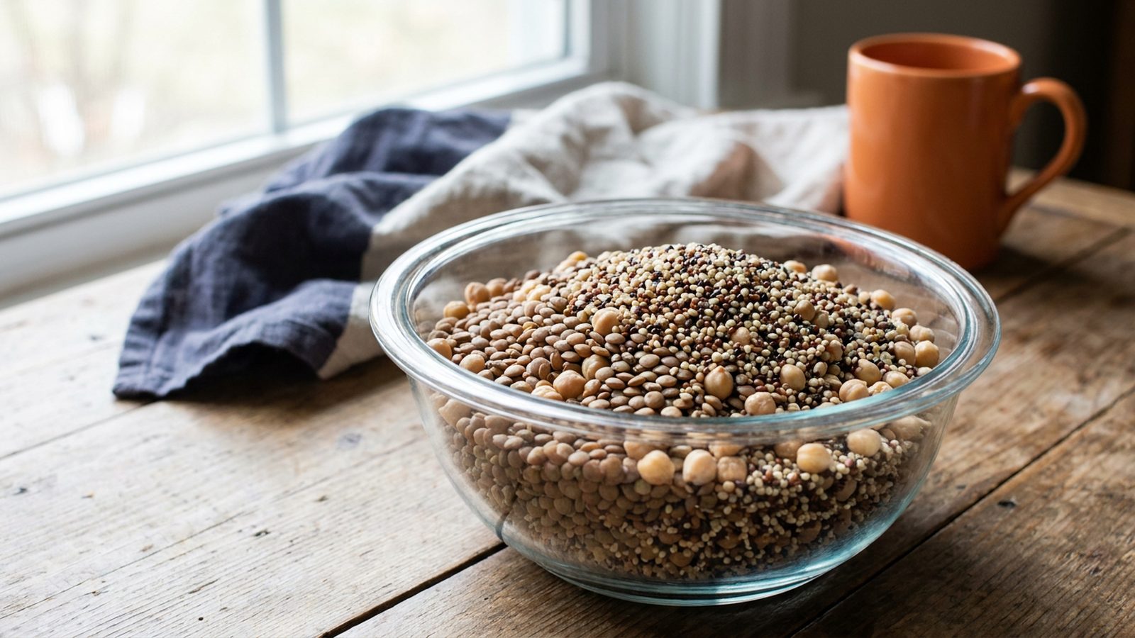 A clear glass bowl contains a variety of lentils, chickpeas, and quinoa.
