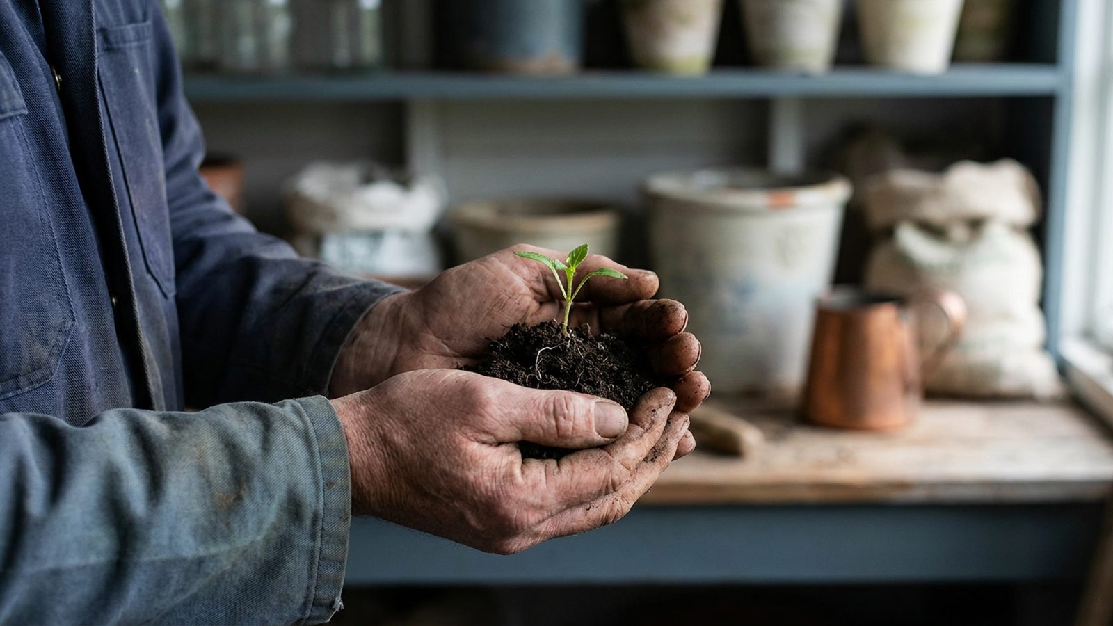 Two hands gently holding a small, fragile seedling sprouting from dark soil.