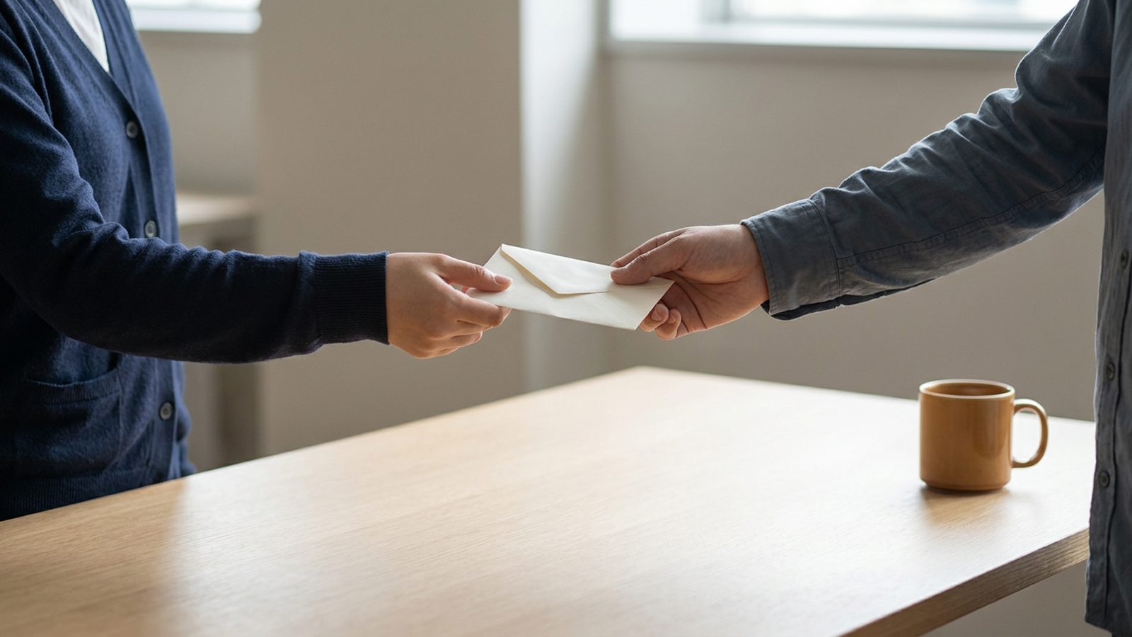 Two hands exchanging a neatly folded paper document across a minimalist desk.