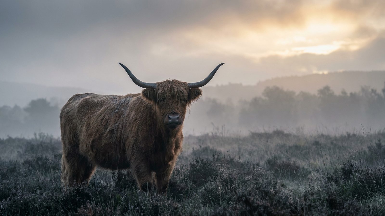 A calm Highland cow stands in a misty field during dawn, looking directly ahead.