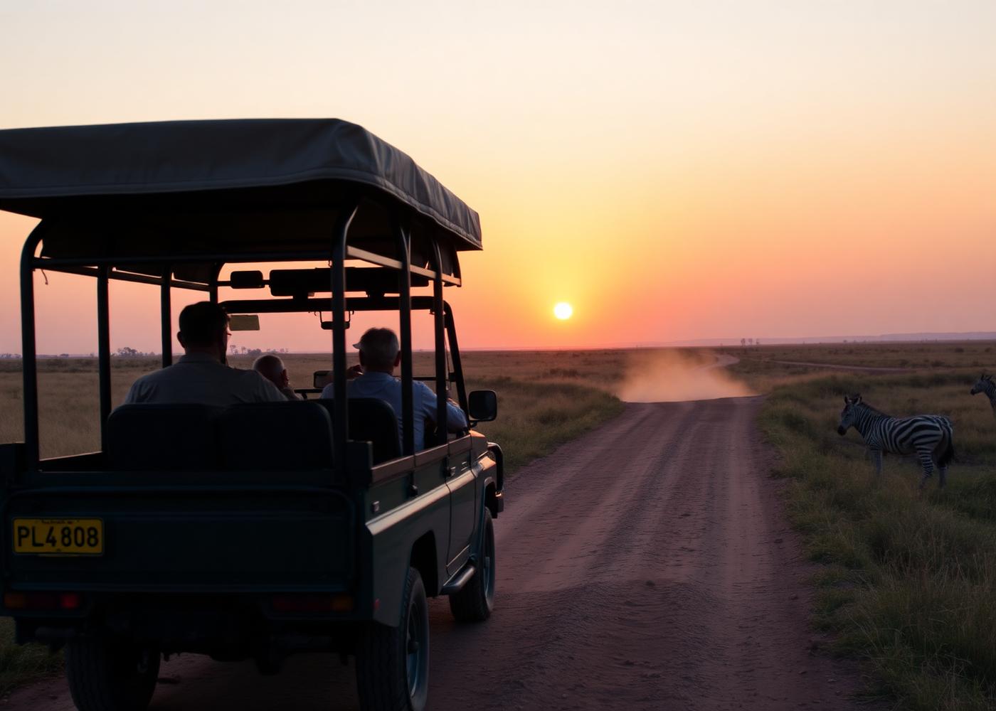 A safari vehicle paused on a grassland track at sunset, zebra grazing nearby