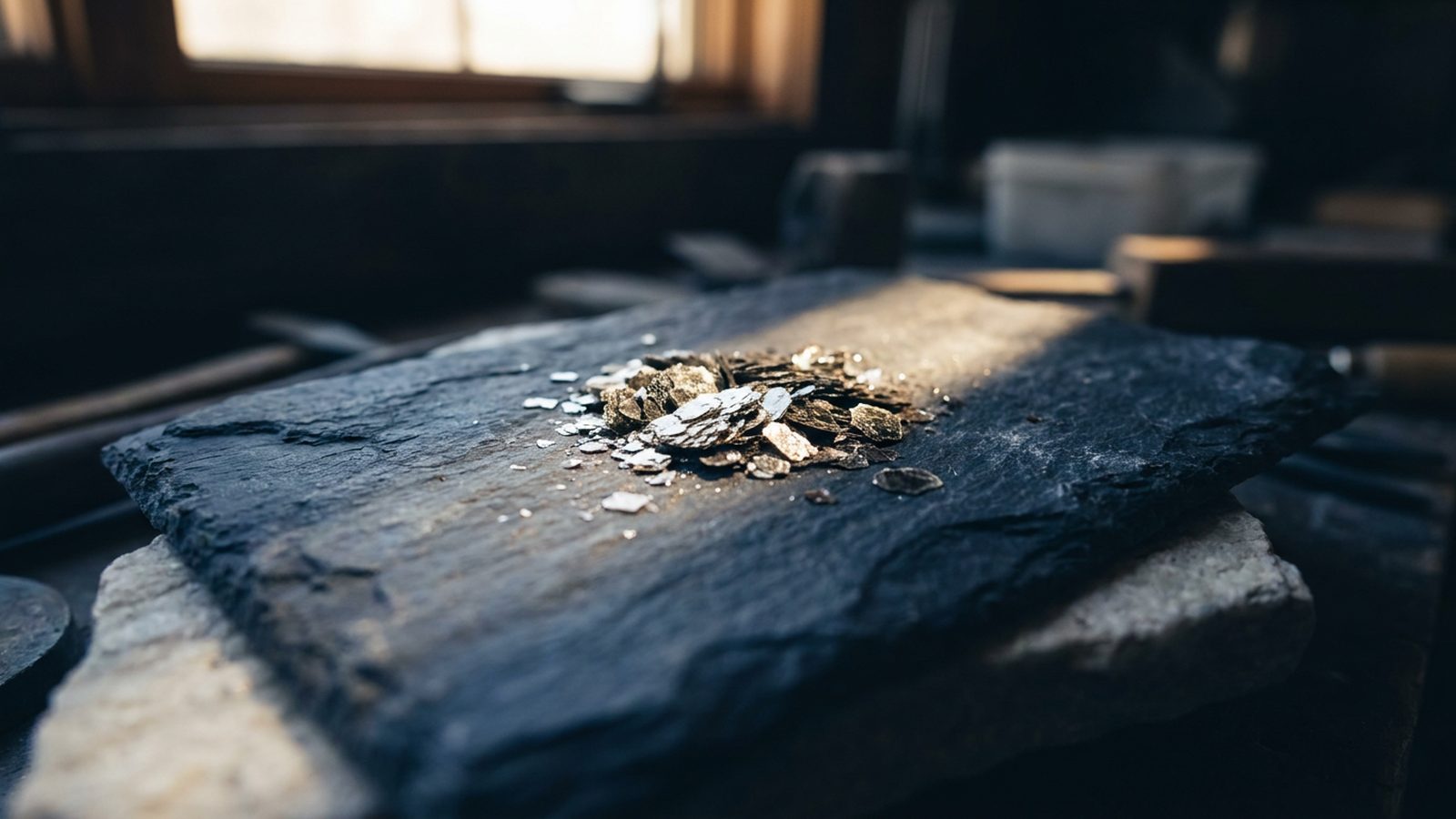 A small, shimmering pile of mica flakes rests on a dark, textured surface.
