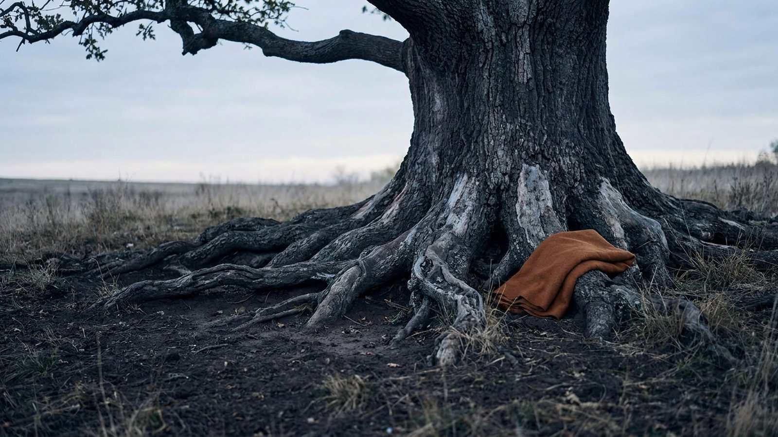 Intricate, mature tree with deep roots extending visibly into the soil against a clear sky.
