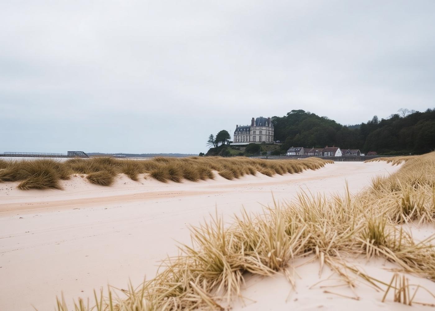 A wide Normandy beach with marram grass and a château among the trees beyond