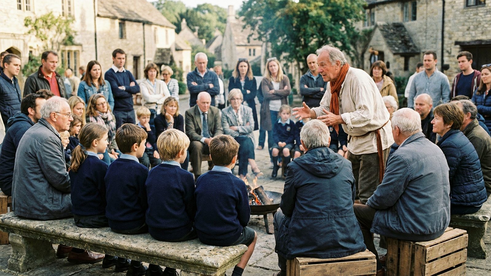 A diverse community gathering in an open village square, sharing stories and looking towards a central storyteller.