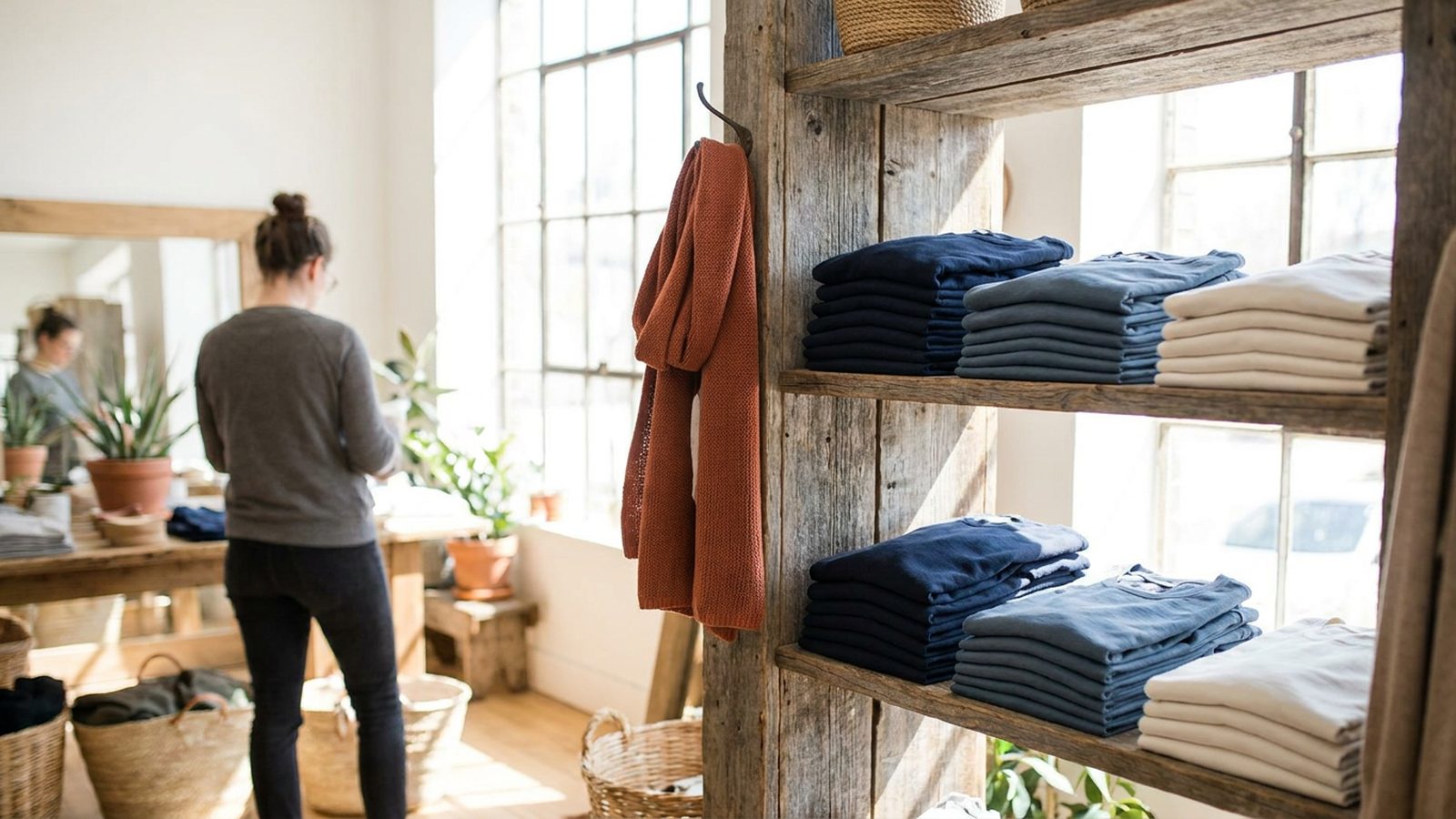 Ethically sourced cotton garments are neatly arranged on rustic wooden shelves.