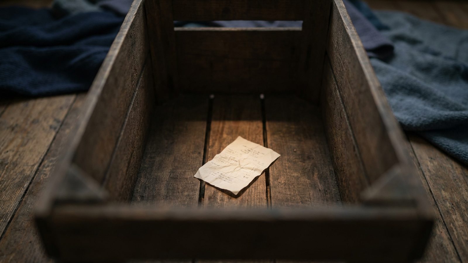 A small receipt lies at the bottom of a deep, empty wooden basket.