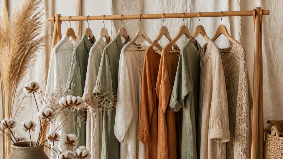 Earth-toned sustainable garments on wooden hangers beside cotton bolls and dried grasses