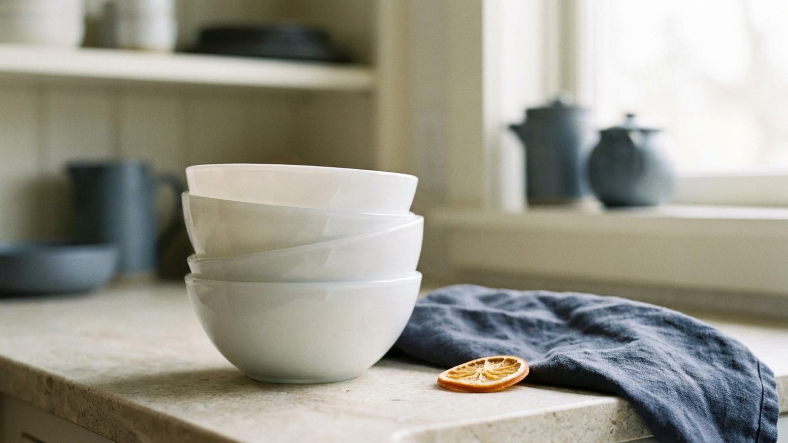 A stack of simple, plain white ceramic bowls on a light surface.