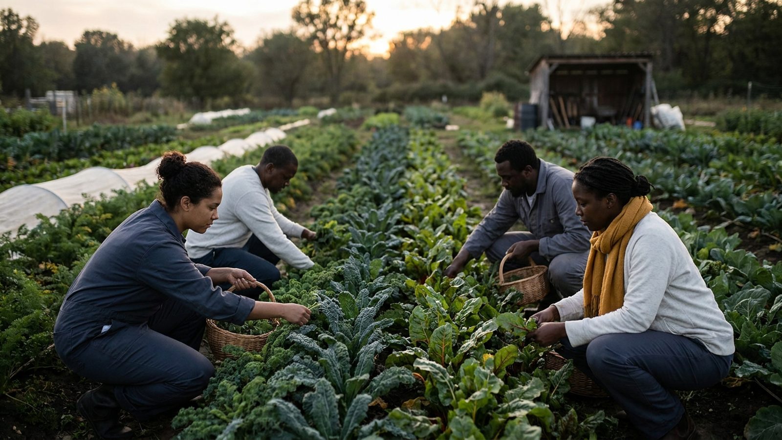People harvest leafy green vegetables from garden rows at sunset in a community plot.