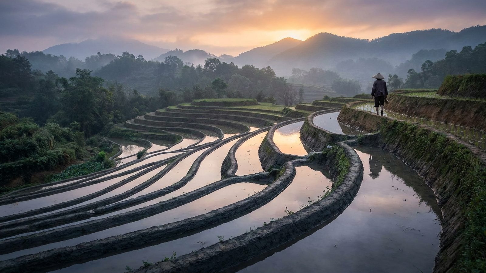 Terraced rice paddy fields with intricate irrigation channels reflecting the sky, surrounded by lush green foliage.