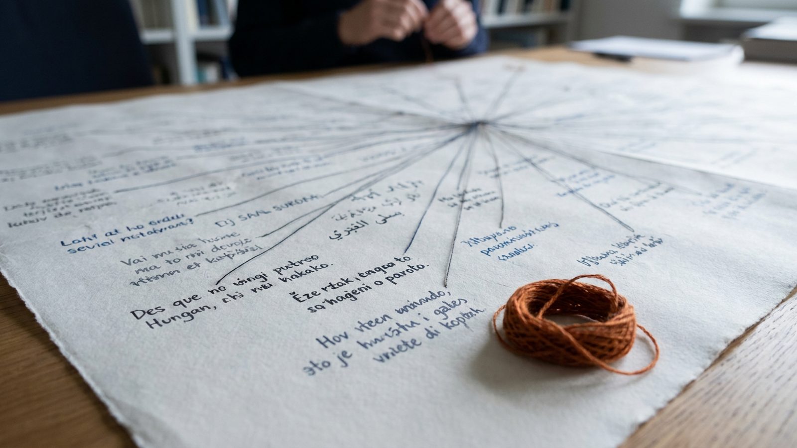 A world map composed of handwritten phrases and words in different languages, subtly interconnected.