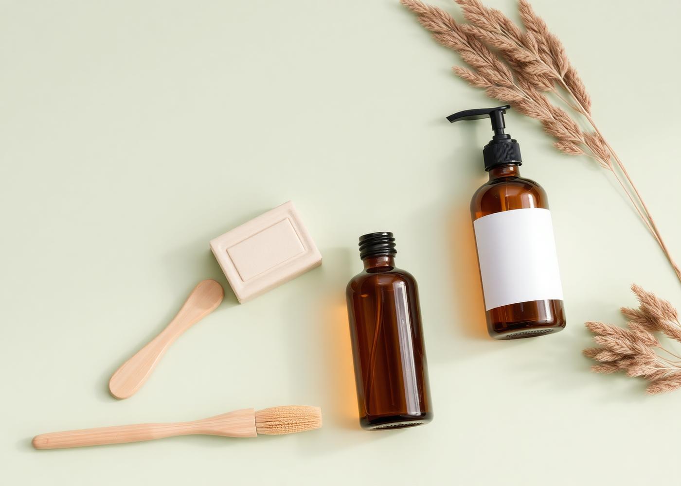 Natural home and beauty products with unbleached packaging on a pale green background