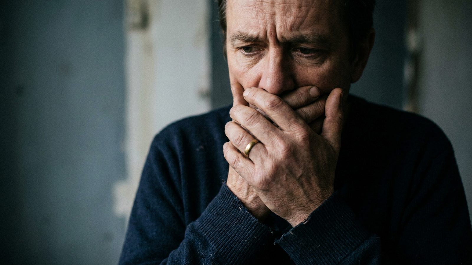 A person's hands cover their mouth, obscuring a conflicted facial expression.