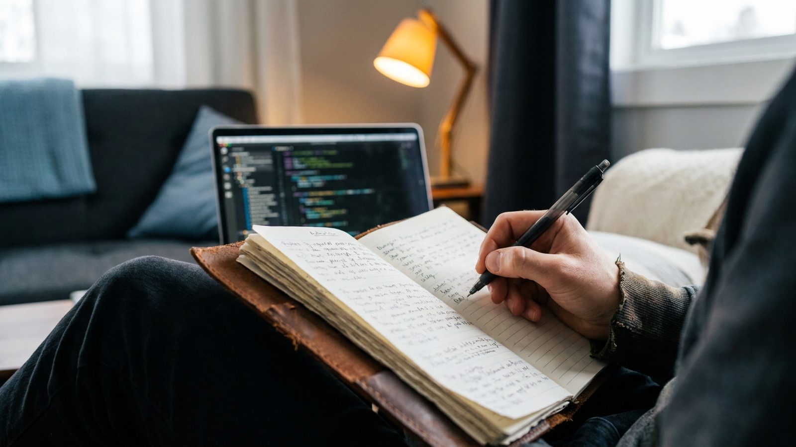 A hand writes in a leather journal, with a laptop displaying code visible in the background.