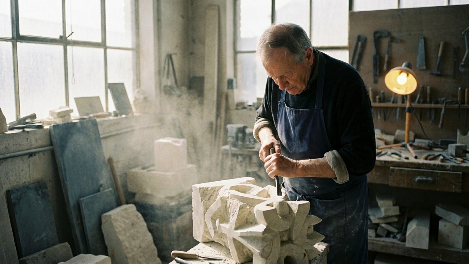 A stone carver uses hand tools to sculpt a detailed figure in a bright workshop.