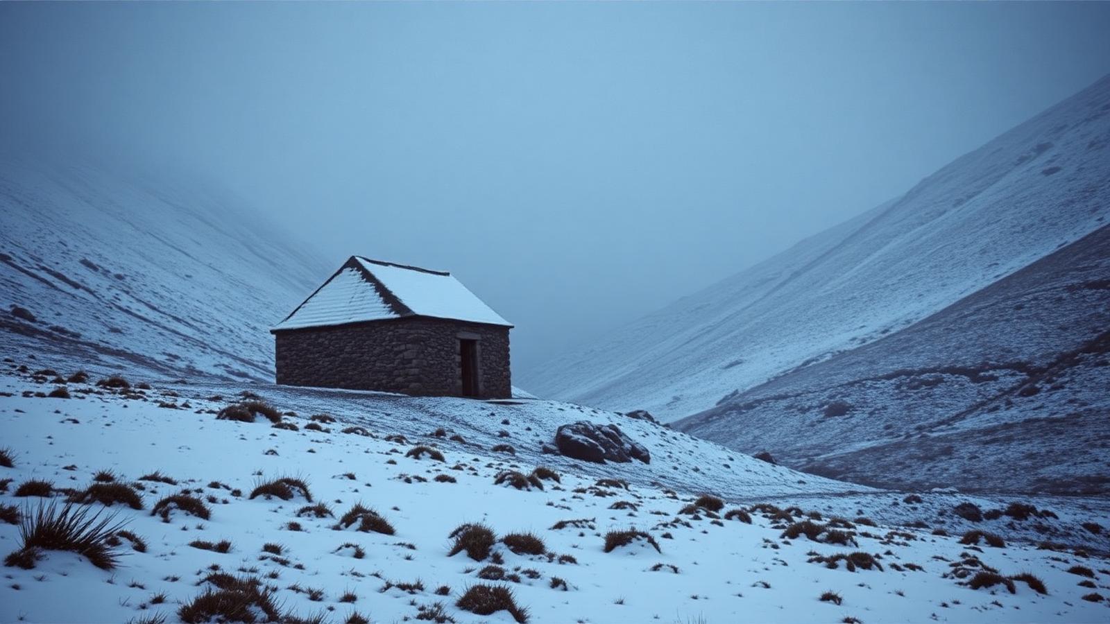 A stone bothy standing alone under a wide Highland sky