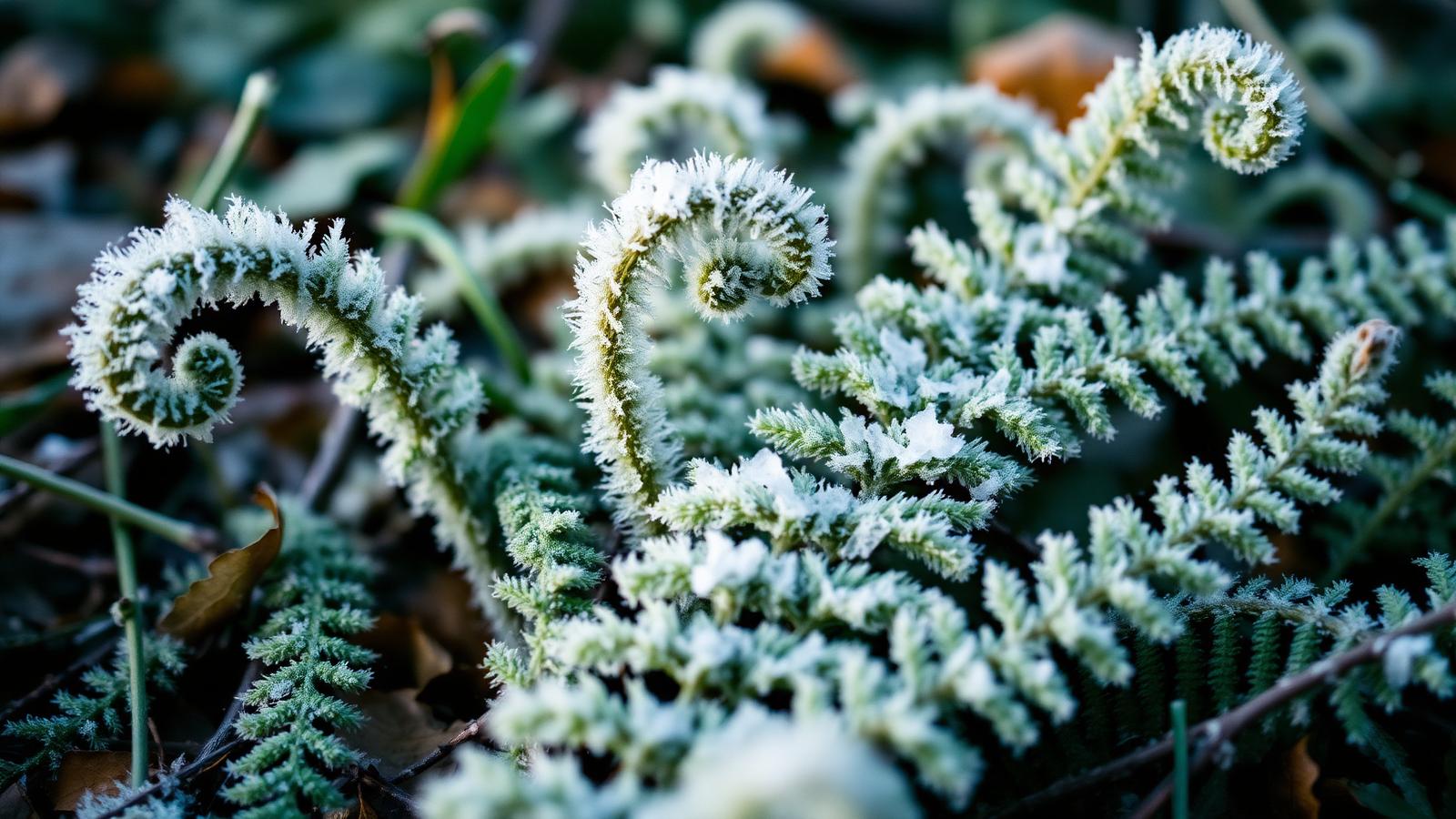 Frost picking out the edges of ferns on a cold morning