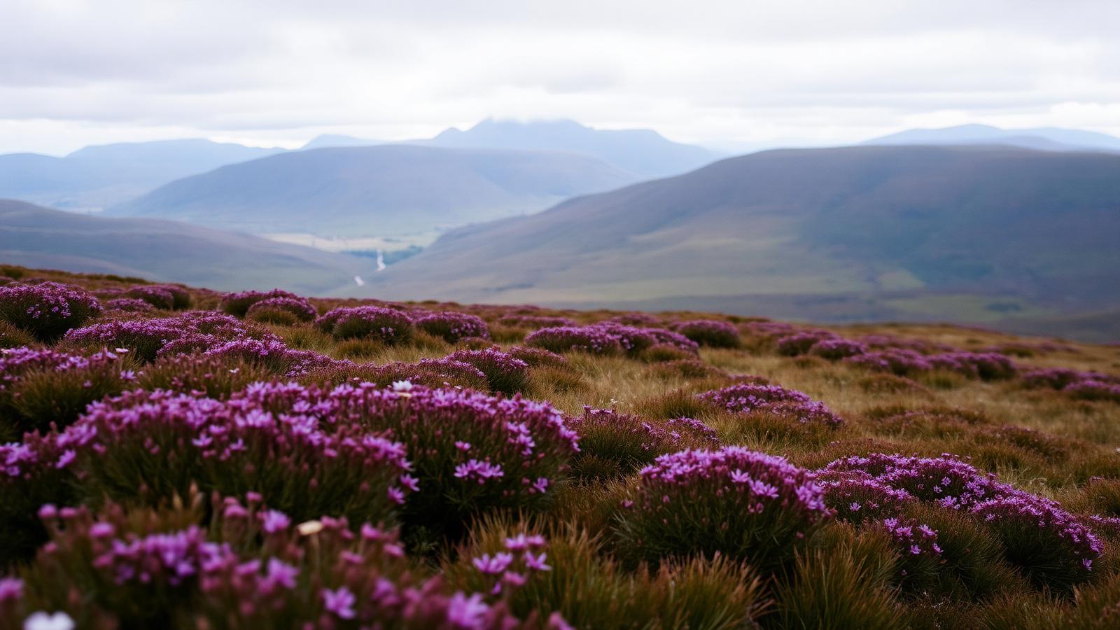 Purple heather running across an open Highland hillside