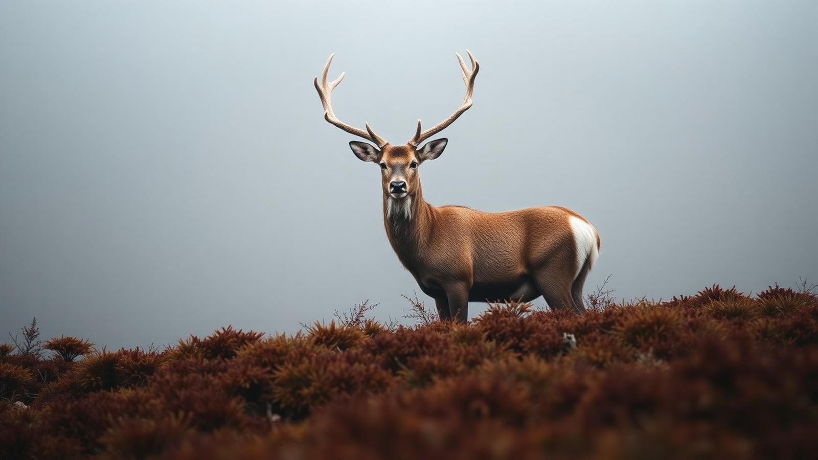 A red deer stag standing still on high moorland