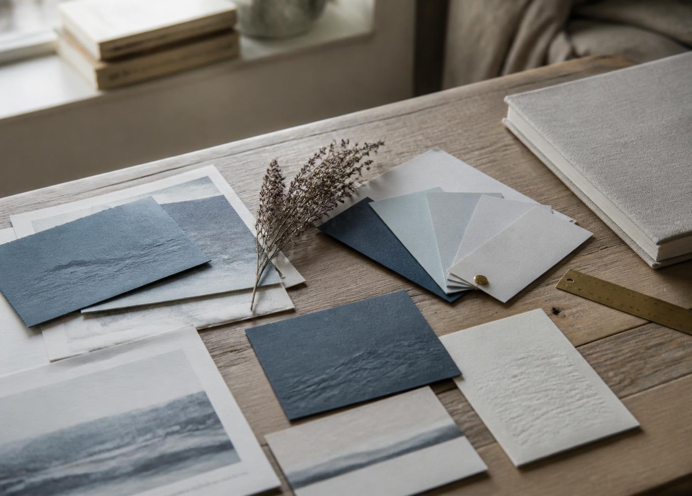 Slate blue paper swatches, printed proofs and dried heather laid out on an oak studio table