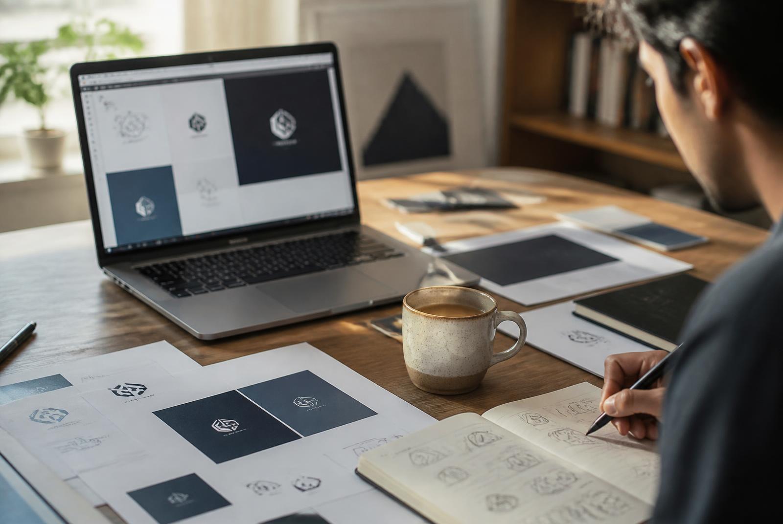A founder sketching logo ideas beside printed brand proofs and a laptop showing a new identity