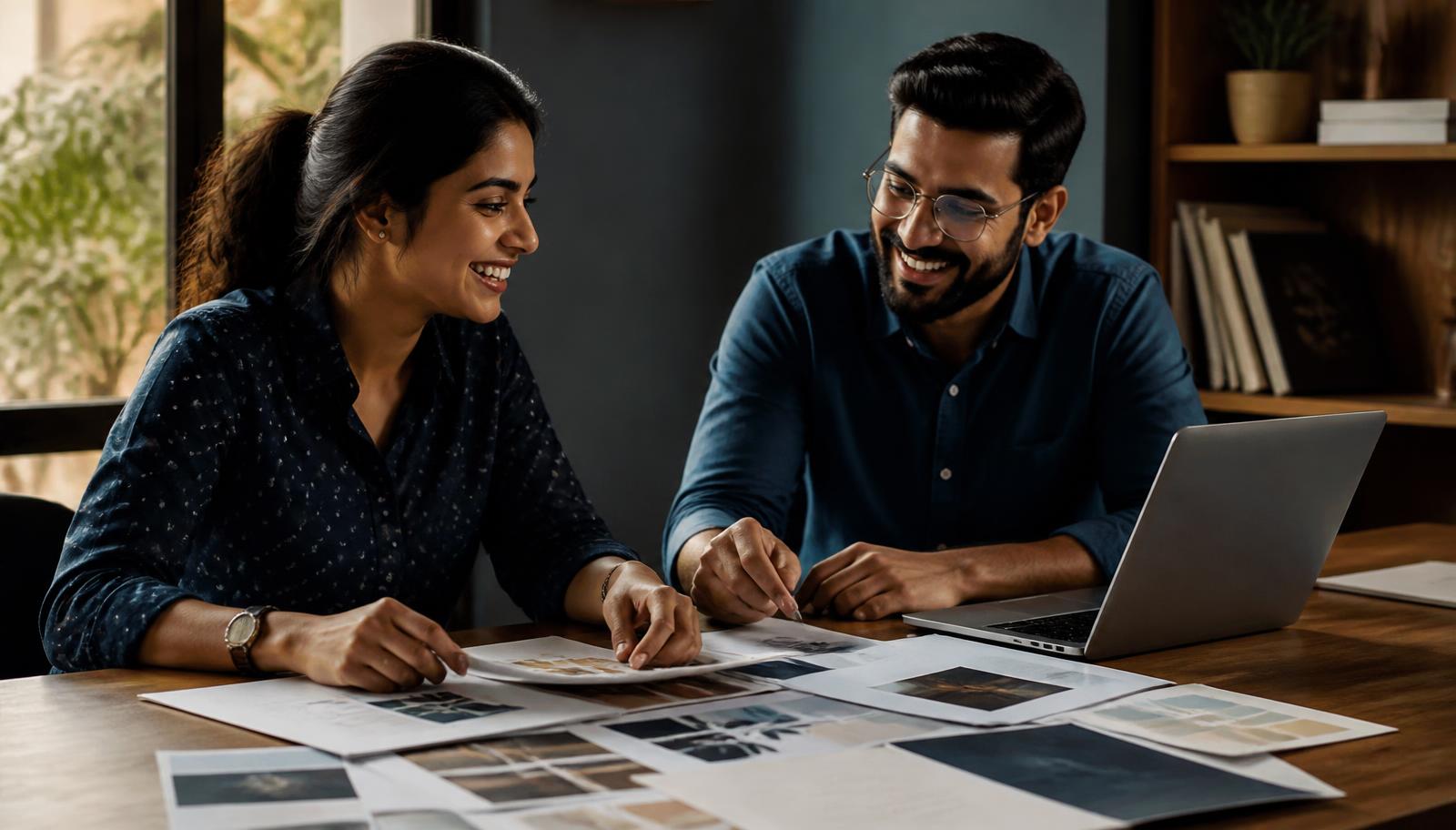 Two founders laughing over printed brand proofs and a laptop at a wooden table