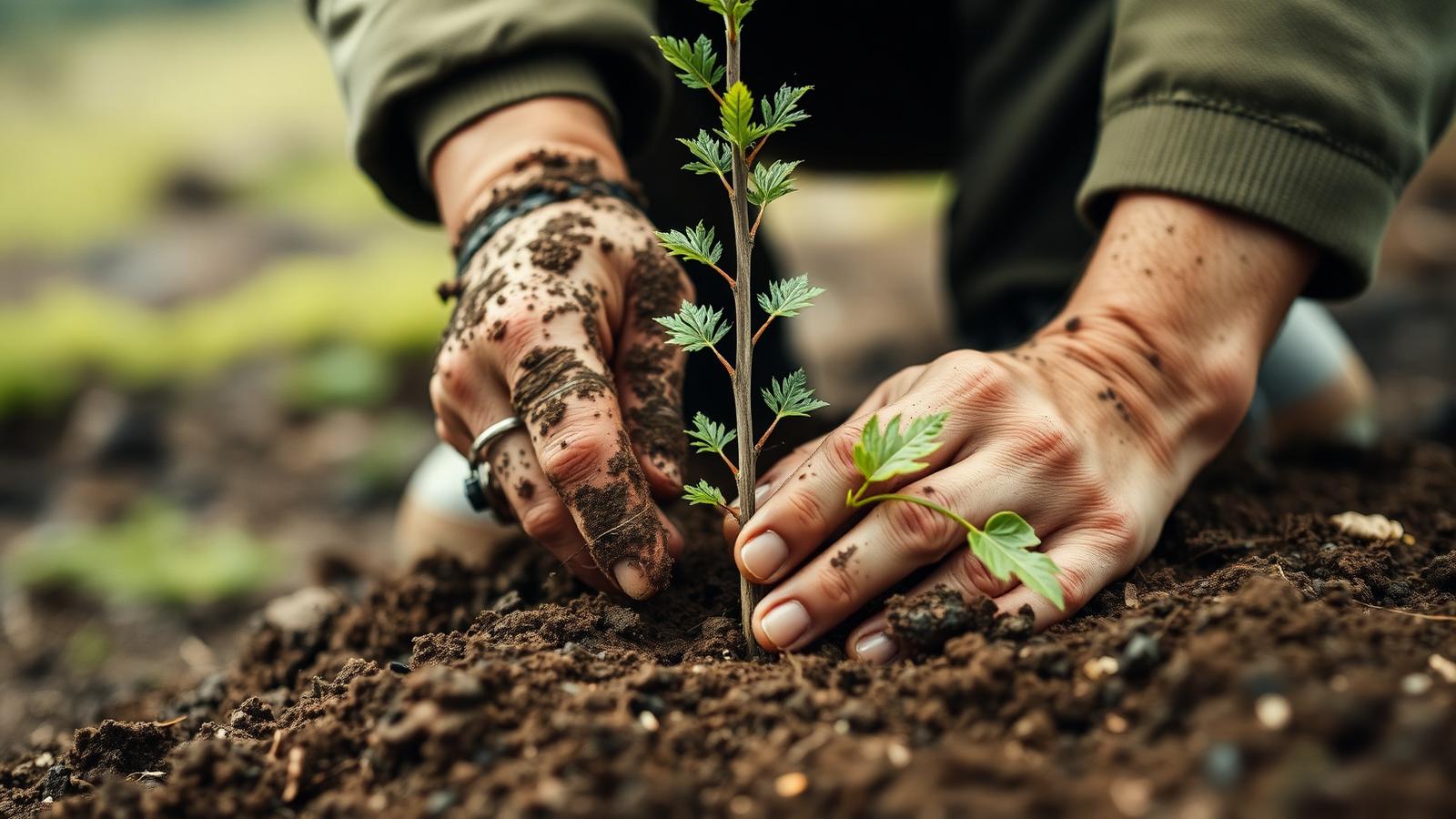 Hands settling a young native sapling into Highland soil