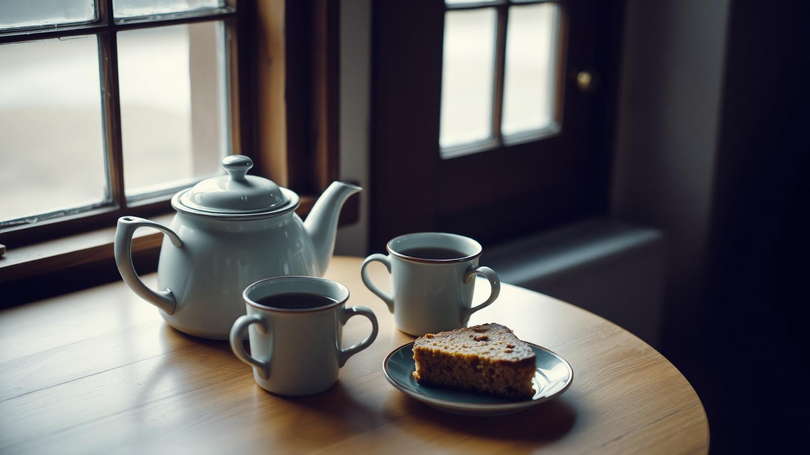 A teapot, two mugs and a slice of cake on a croft kitchen table